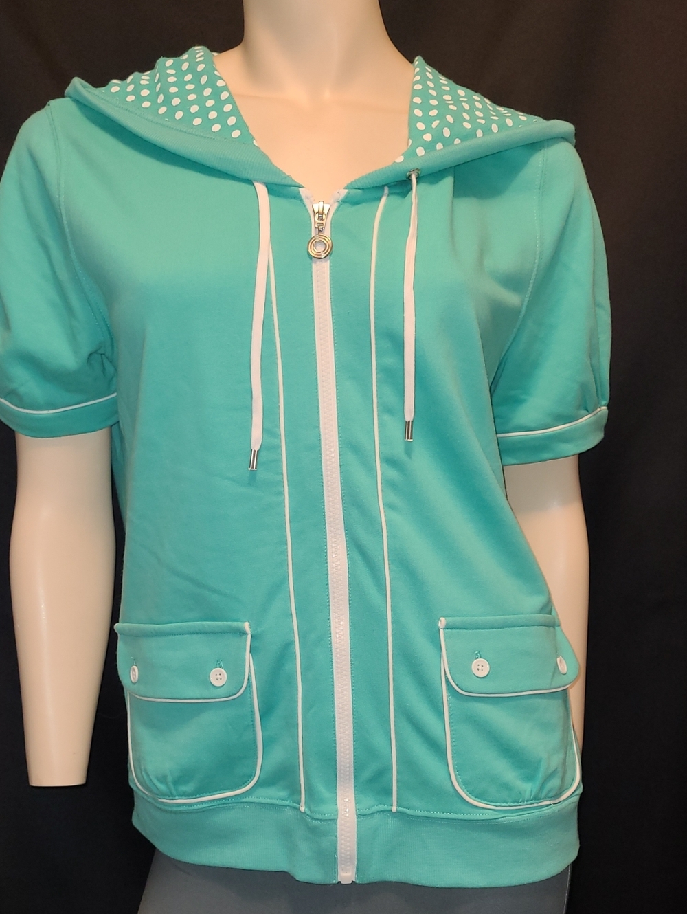SILVER WEAR Aqua Zip-Up Short Sleeve Hoodie with Polka Dot Lined Hood